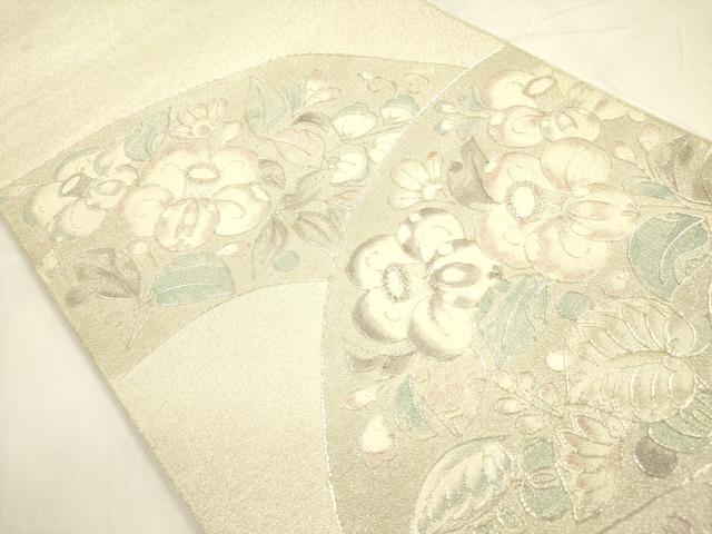 平和屋着物◎太鼓柄袋帯 駒刺繍 地紙花文 正絹 逸品 DABA6259op