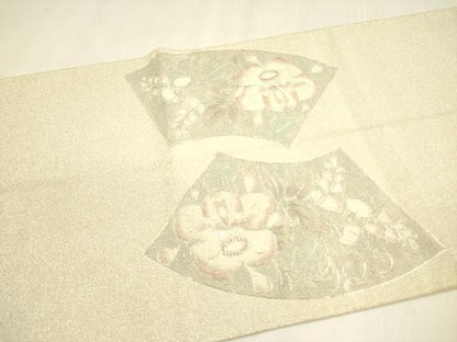 平和屋着物◎太鼓柄袋帯 駒刺繍 地紙花文 正絹 逸品 DABA6259op
