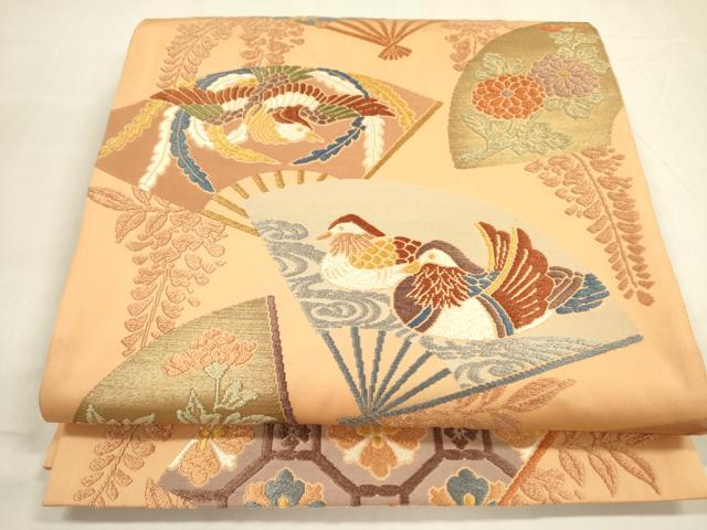平和屋着物◎六通柄袋帯 唐織 扇面花鳥文 金糸 正絹 逸品 DABA6261op