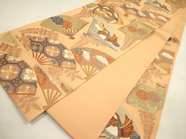 平和屋着物◎六通柄袋帯 唐織 扇面花鳥文 金糸 正絹 逸品 DABA6261op