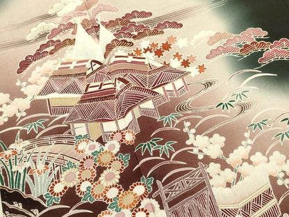 平和屋着物■豪華黒留袖　風景花松文　暈し染め　金彩　正絹　逸品　DABA6286op