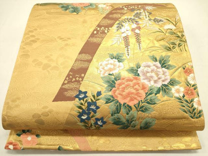 平和屋着物◎六通柄袋帯　唐織　草花　金糸　正絹　逸品　DABA6403op