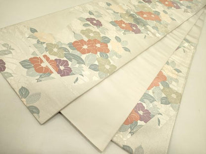 平和屋着物◎六通柄袋帯　唐織　草花　銀糸　正絹　逸品　DABA6413op