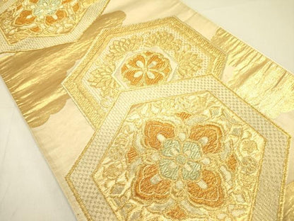 平和屋着物◎六通柄袋帯　亀甲花文　金糸　正絹　逸品　DABA6439op