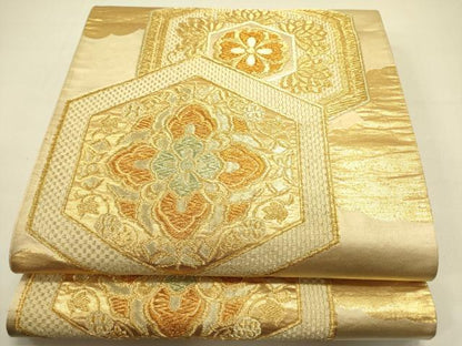 平和屋着物◎六通柄袋帯　亀甲花文　金糸　正絹　逸品　DABA6439op