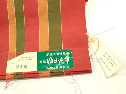 平和屋着物◎本場筑前博多織　半幅帯　間道　堅牢染　証紙付き　正絹　逸品　DABA6471op