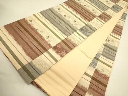平和屋着物◎全通柄袋帯　ふくれ織　横段花文　正絹　逸品　DABA6520op