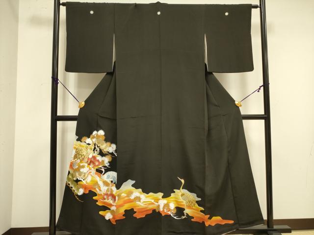 平和屋着物■豪華黒留袖　刺繍　飛鶴枝松文　金彩　正絹　逸品　DABA6555op
