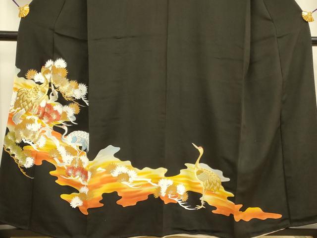 平和屋着物■豪華黒留袖　刺繍　飛鶴枝松文　金彩　正絹　逸品　DABA6555op