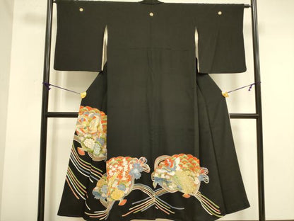 平和屋着物■豪華黒留袖　駒刺繍　尾長鳥花文　金彩　正絹　逸品　DABA6557op