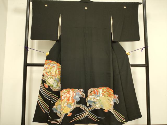 平和屋着物■豪華黒留袖　駒刺繍　尾長鳥花文　金彩　正絹　逸品　DABA6557op