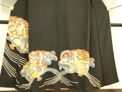 平和屋着物■豪華黒留袖　駒刺繍　尾長鳥花文　金彩　正絹　逸品　DABA6557op