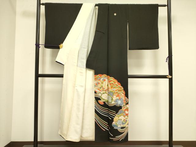 平和屋着物■豪華黒留袖　駒刺繍　尾長鳥花文　金彩　正絹　逸品　DABA6557op