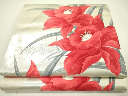 平和屋着物◎西陣 六通柄袋帯 唐織 草花 銀糸 正絹 逸品 DABA6606op