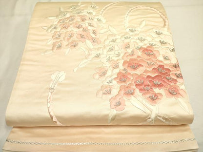 平和屋着物◎太鼓柄袋帯 総刺繍 草花 銀糸 正絹 逸品 DABA6729op
