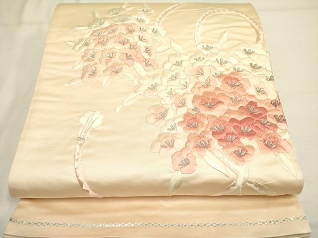 平和屋着物◎太鼓柄袋帯 総刺繍 草花 銀糸 正絹 逸品 DABA6729op
