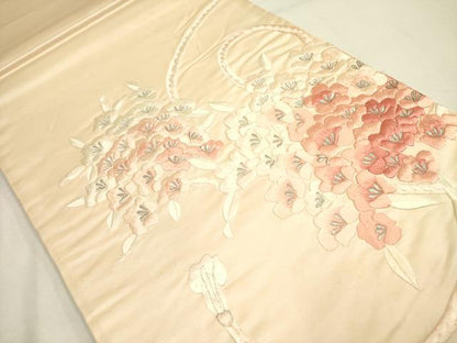 平和屋着物◎太鼓柄袋帯 総刺繍 草花 銀糸 正絹 逸品 DABA6729op
