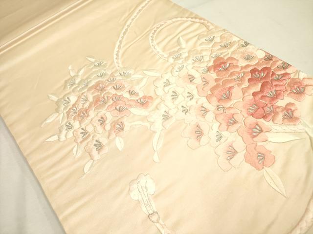 平和屋着物◎太鼓柄袋帯 総刺繍 草花 銀糸 正絹 逸品 DABA6729op
