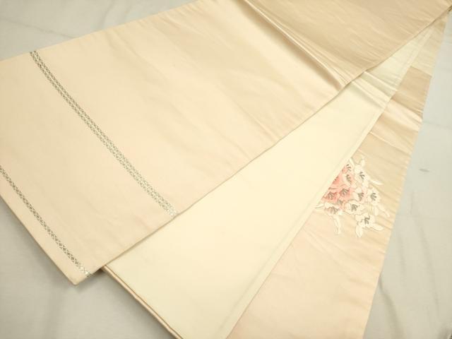 平和屋着物◎太鼓柄袋帯 総刺繍 草花 銀糸 正絹 逸品 DABA6729op