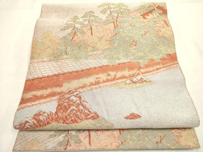 平和屋着物◎山喜織物謹製 萬葉 紹巴 全通柄袋帯 風景文 正絹 逸品 DABA6754op