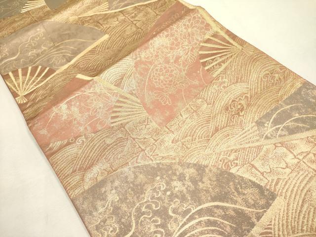 平和屋着物◎六通柄袋帯 扇面花文 金糸 正絹 逸品 DABA6776op