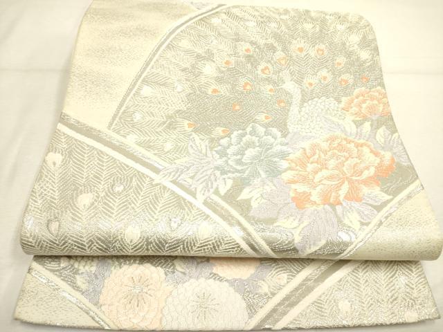 平和屋着物◎六通柄袋帯 唐織 琴錦 孔雀花文 プラチナ本銀二重織 正絹 逸品 DABA6780op