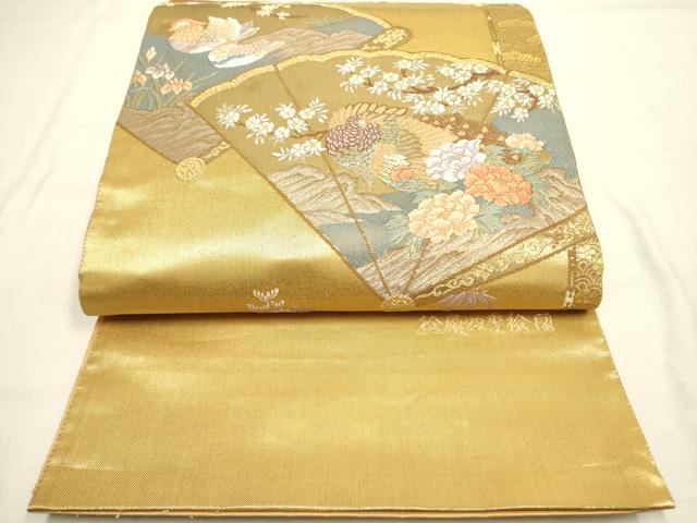 平和屋着物◎六通柄袋帯 桧扇四季絵図 金糸 正絹 逸品 DABA6783op