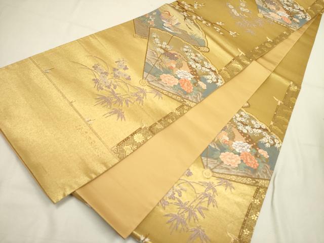 平和屋着物◎六通柄袋帯 桧扇四季絵図 金糸 正絹 逸品 DABA6783op