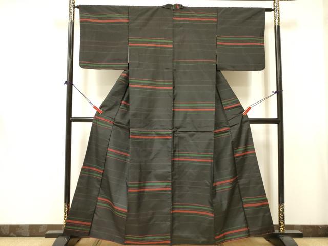 平和屋着物■上質な紬 横段文 黒地 正絹 逸品 DABA6847op