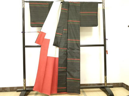 平和屋着物■上質な紬 横段文 黒地 正絹 逸品 DABA6847op