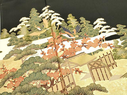 平和屋着物■豪華黒留袖 飛鶴風景花文 金彩 正絹 逸品 DABA6852op