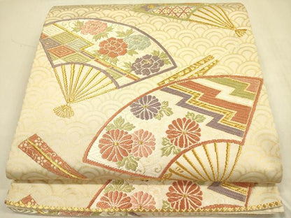 平和屋着物◎六通柄袋帯 唐織 扇面花文 金糸 正絹 逸品 DABA6936op