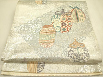 平和屋着物◎六通柄袋帯　唐織　風雅名物文　銀糸　正絹　逸品　DABA6944op