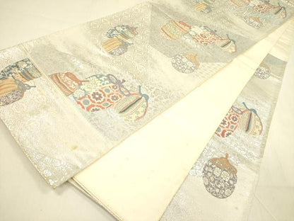平和屋着物◎六通柄袋帯　唐織　風雅名物文　銀糸　正絹　逸品　DABA6944op