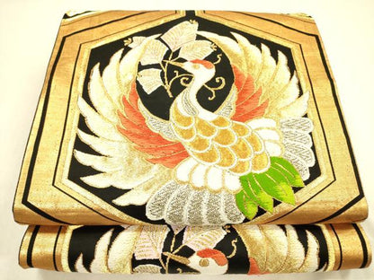 平和屋着物◎六通柄袋帯　唐織　鳳凰亀甲花文　黒地　金糸　正絹　逸品　DABA6979op
