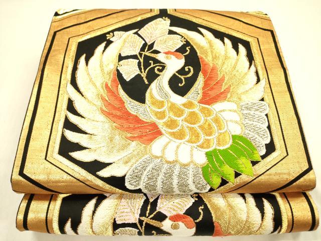 平和屋着物◎六通柄袋帯　唐織　鳳凰亀甲花文　黒地　金糸　正絹　逸品　DABA6979op