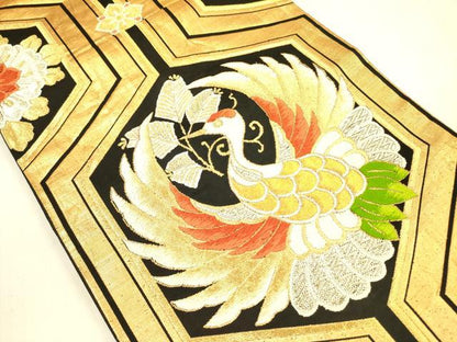 平和屋着物◎六通柄袋帯　唐織　鳳凰亀甲花文　黒地　金糸　正絹　逸品　DABA6979op