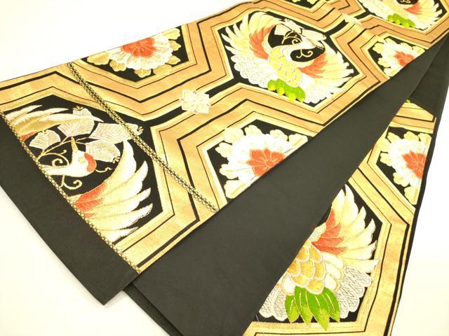 平和屋着物◎六通柄袋帯　唐織　鳳凰亀甲花文　黒地　金糸　正絹　逸品　DABA6979op