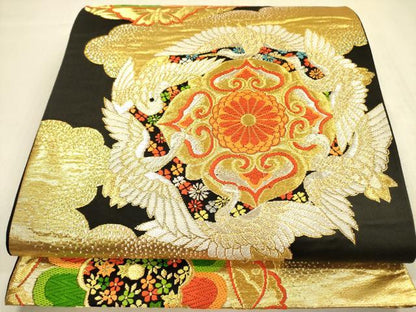 平和屋着物◎六通柄袋帯　唐織　正倉院飛鶴花文　黒地　金銀糸　正絹　逸品　DABA6981op