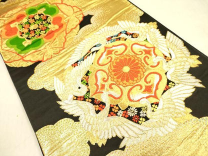 平和屋着物◎六通柄袋帯　唐織　正倉院飛鶴花文　黒地　金銀糸　正絹　逸品　DABA6981op