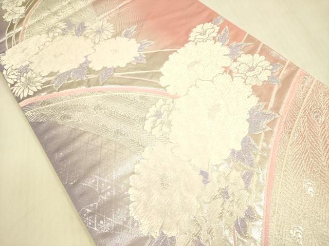 平和屋着物◎六通柄袋帯　唐織　牡丹　銀糸　正絹　逸品　DABA6982op