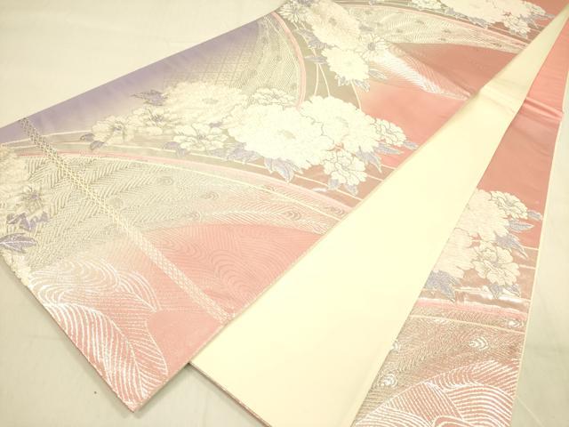 平和屋着物◎六通柄袋帯　唐織　牡丹　銀糸　正絹　逸品　DABA6982op