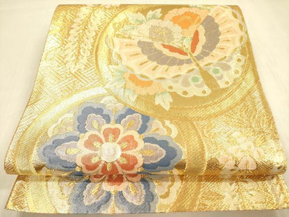 平和屋着物◎六通柄袋帯　舞蝶花文　金糸　正絹　逸品　DABA6984op