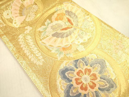 平和屋着物◎六通柄袋帯　舞蝶花文　金糸　正絹　逸品　DABA6984op