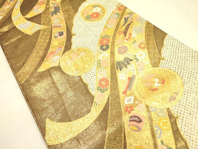 平和屋着物◎佐賀錦　六通柄袋帯　唐織　宝尽くし花鳥熨斗文　金糸　正絹　逸品　DABA6990op