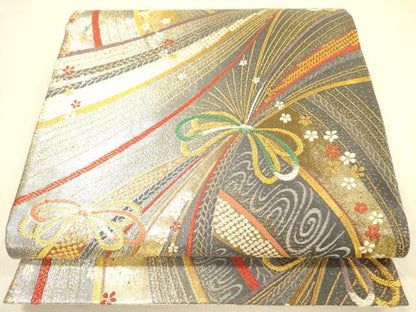 平和屋着物◎両面　六通柄袋帯　唐織　束ね熨斗花文　金糸　正絹　逸品　DABA6992op