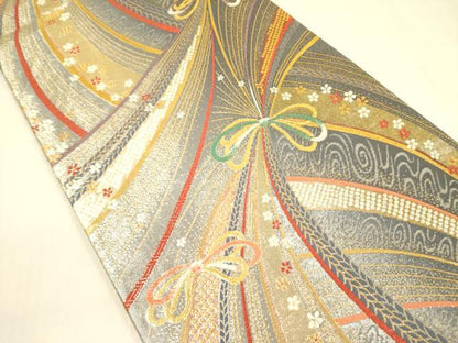 平和屋着物◎両面　六通柄袋帯　唐織　束ね熨斗花文　金糸　正絹　逸品　DABA6992op