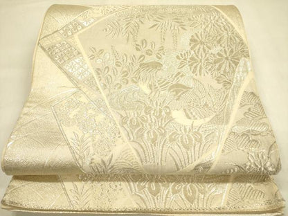 平和屋着物◎六通柄袋帯　蒔絵錦　色紙花鳥文　銀糸　正絹　逸品　DABA6997op