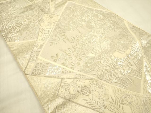 平和屋着物◎六通柄袋帯　蒔絵錦　色紙花鳥文　銀糸　正絹　逸品　DABA6997op
