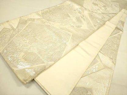 平和屋着物◎六通柄袋帯　蒔絵錦　色紙花鳥文　銀糸　正絹　逸品　DABA6997op